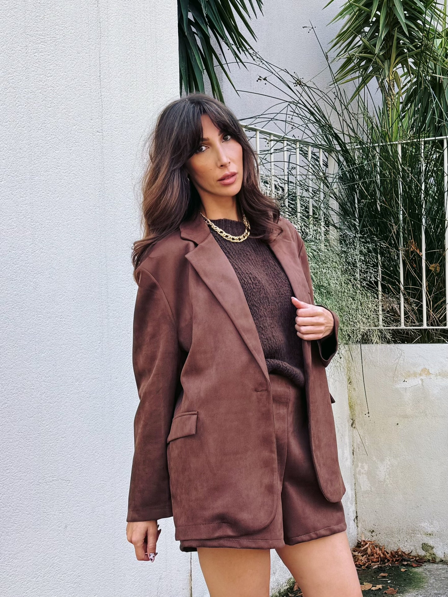 Veste tailleur façon nubuck chocolat