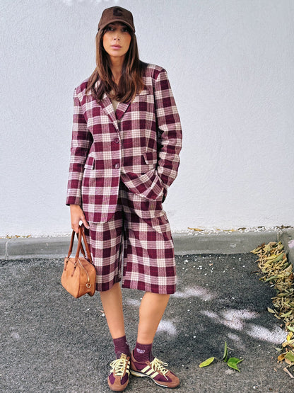 Ensemble veste tailleur & bermuda à carreaux bordeaux