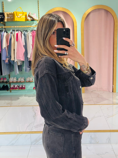 Veste en jean noir et strass