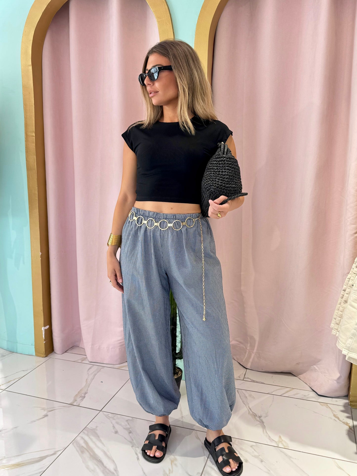 Pantalon bouffant à petit carreaux - bleu foncé