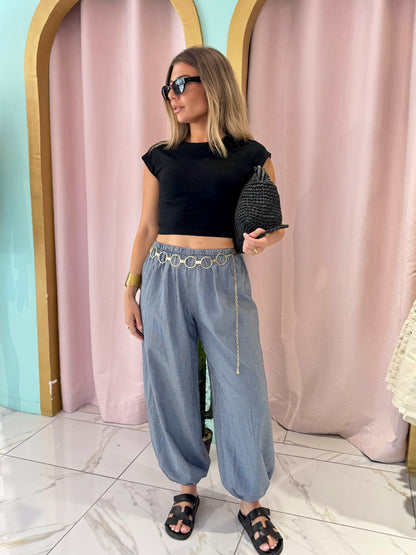 Pantalon bouffant à petit carreaux - bleu foncé