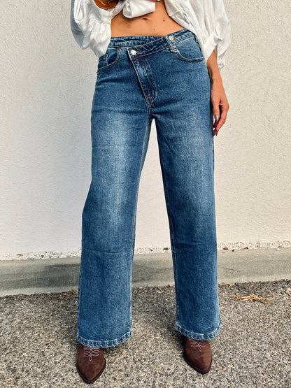 Jean Wide Leg – Boutons croisés – Coloris brut avec surpiqûres camel