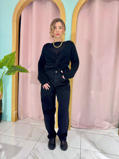 Pull en maille torsade réversible noir