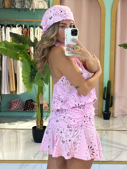 Ensemble top / jupe et foulard bandana  - rose pastel