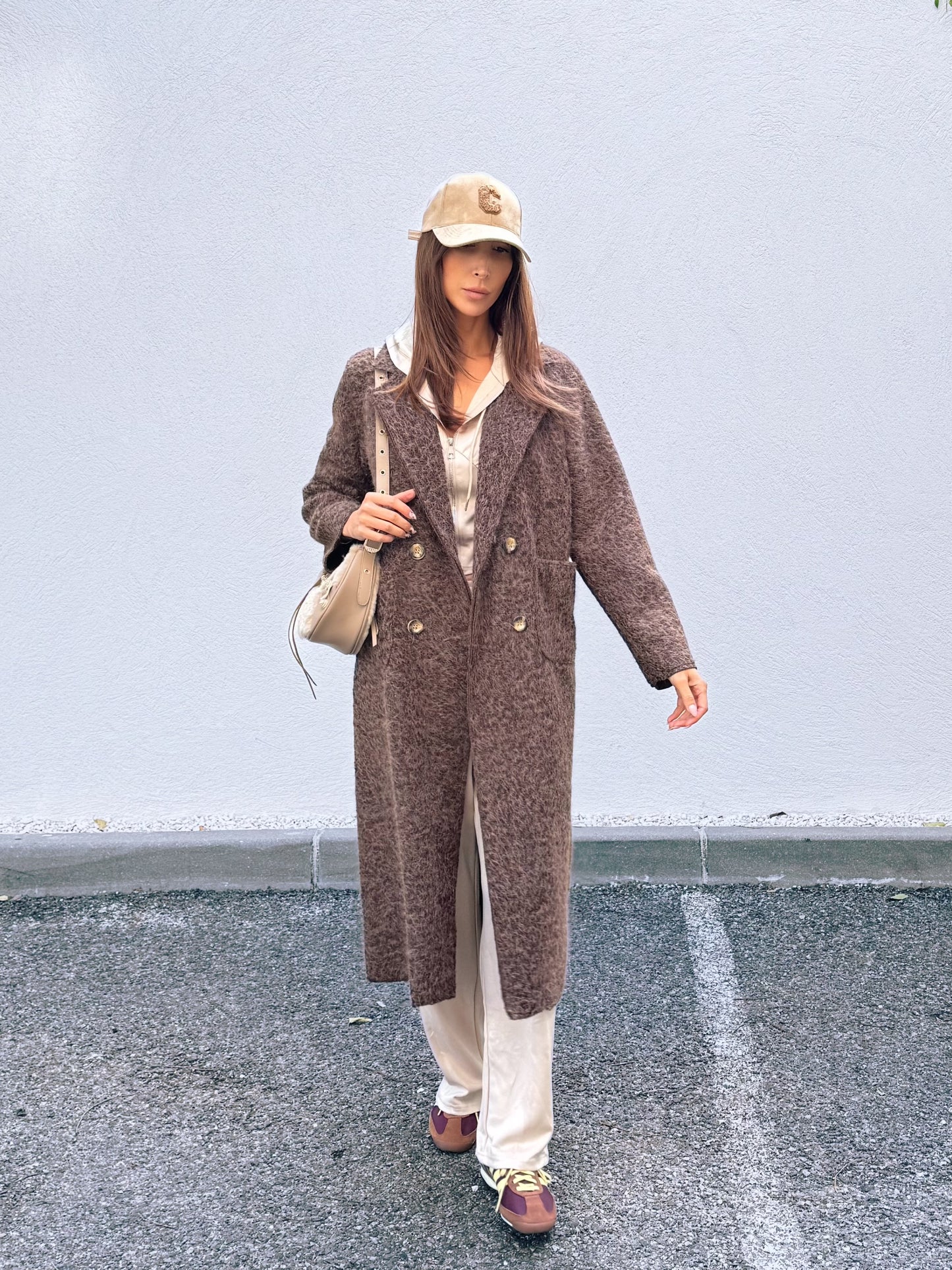 Manteau long façon laine bouillie marron