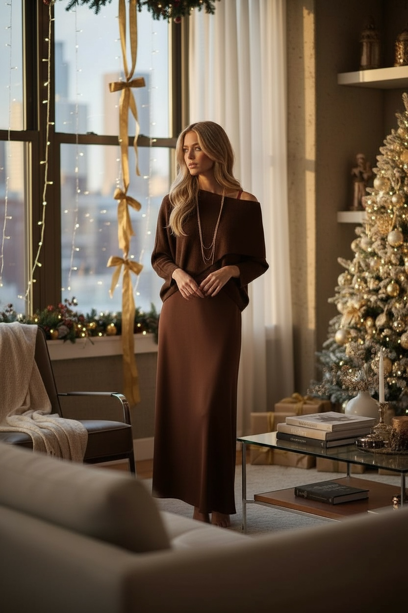 Set 2 en 1 : Robe satinée + pull cache-cœur - chocolat