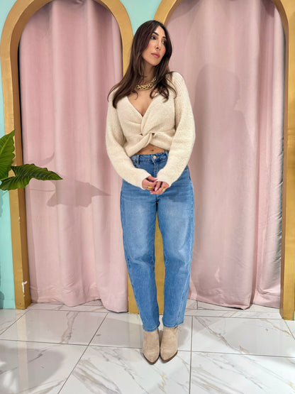 Pull en maille torsade réversible beige