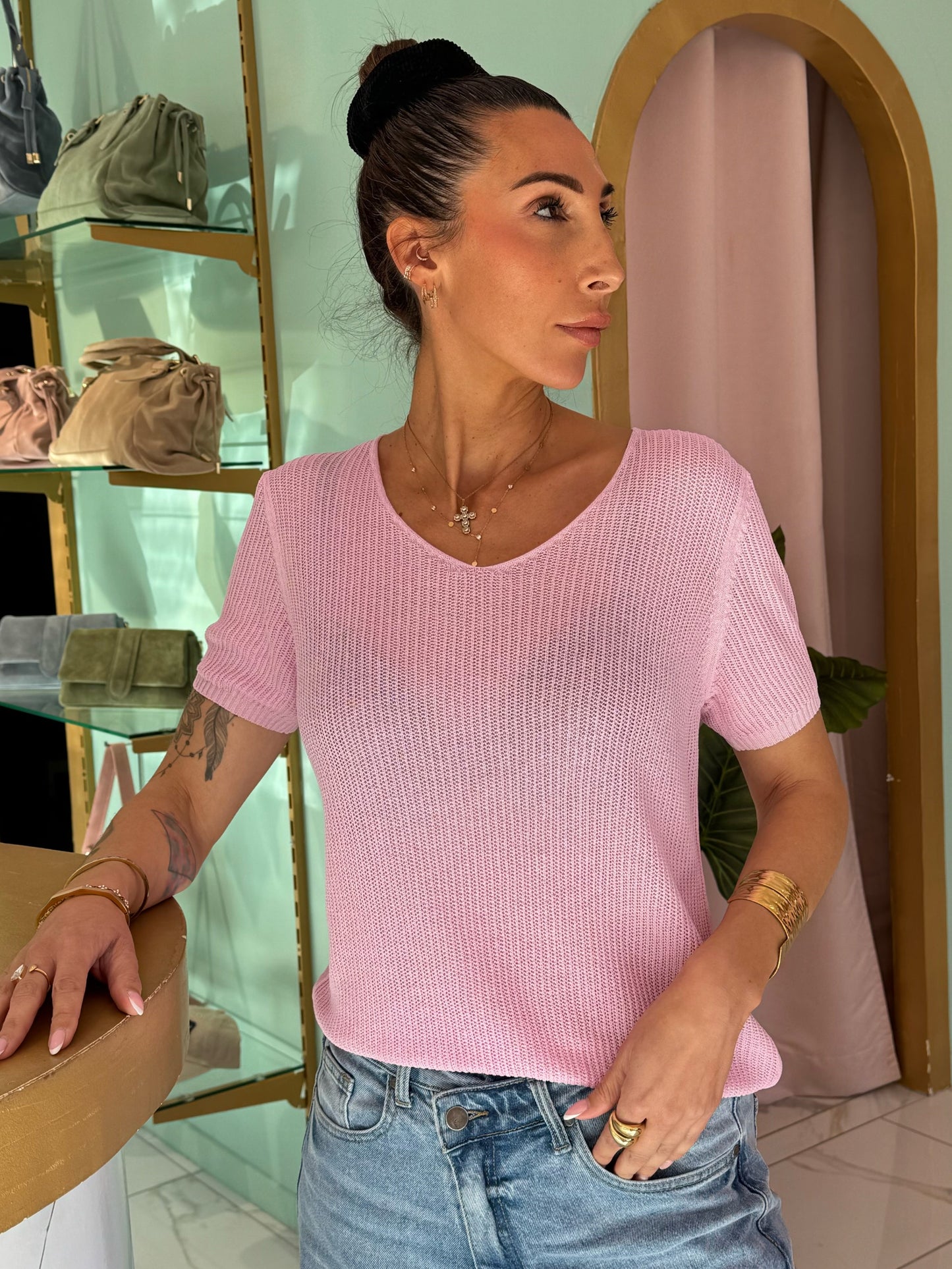 Top maille fine col V – rose