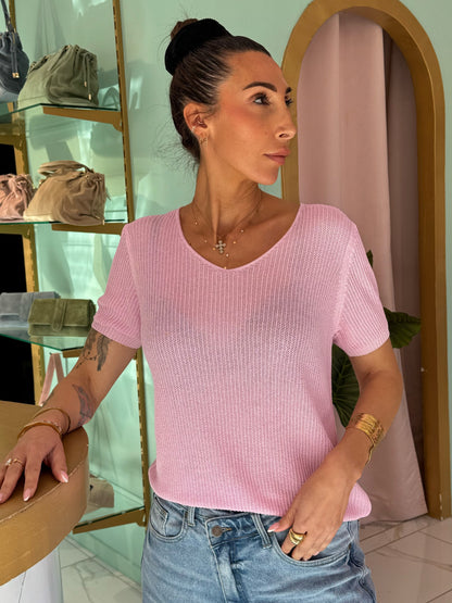 Top maille fine col V – rose