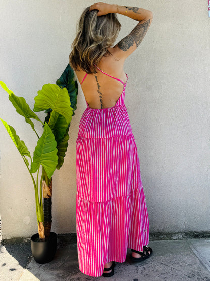 Robe longue Goa – rayures et strass rose