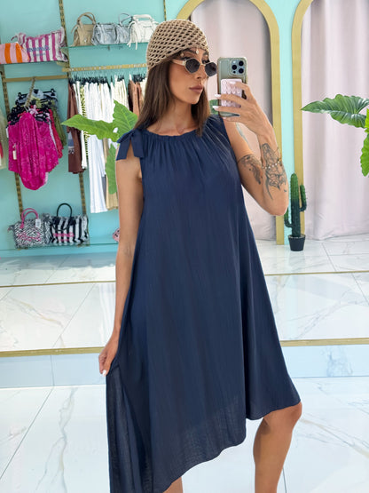 Robe oversize en viscose avec noeud et fente - bleu marine