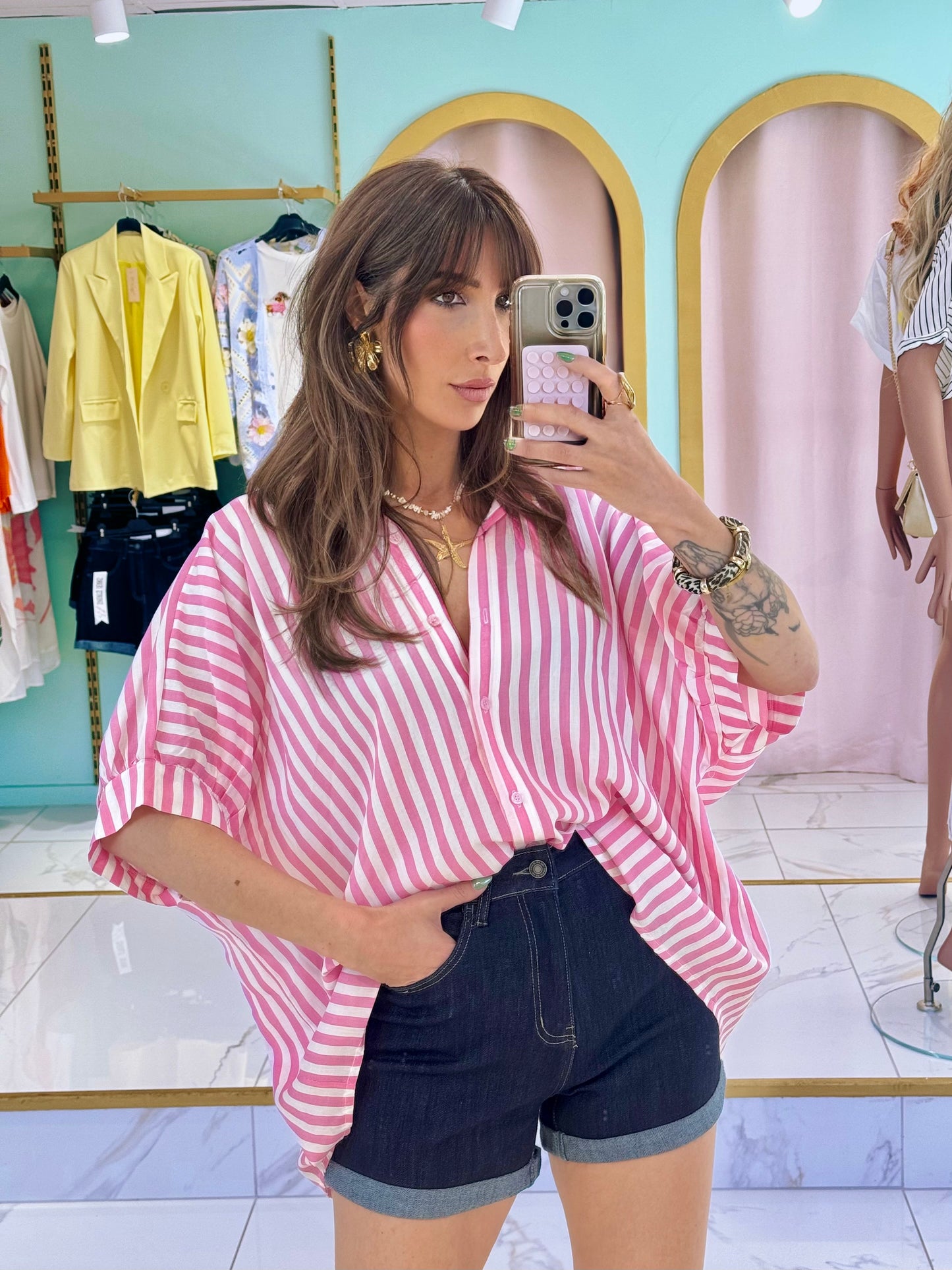 Chemise rayée maxi oversize - rose