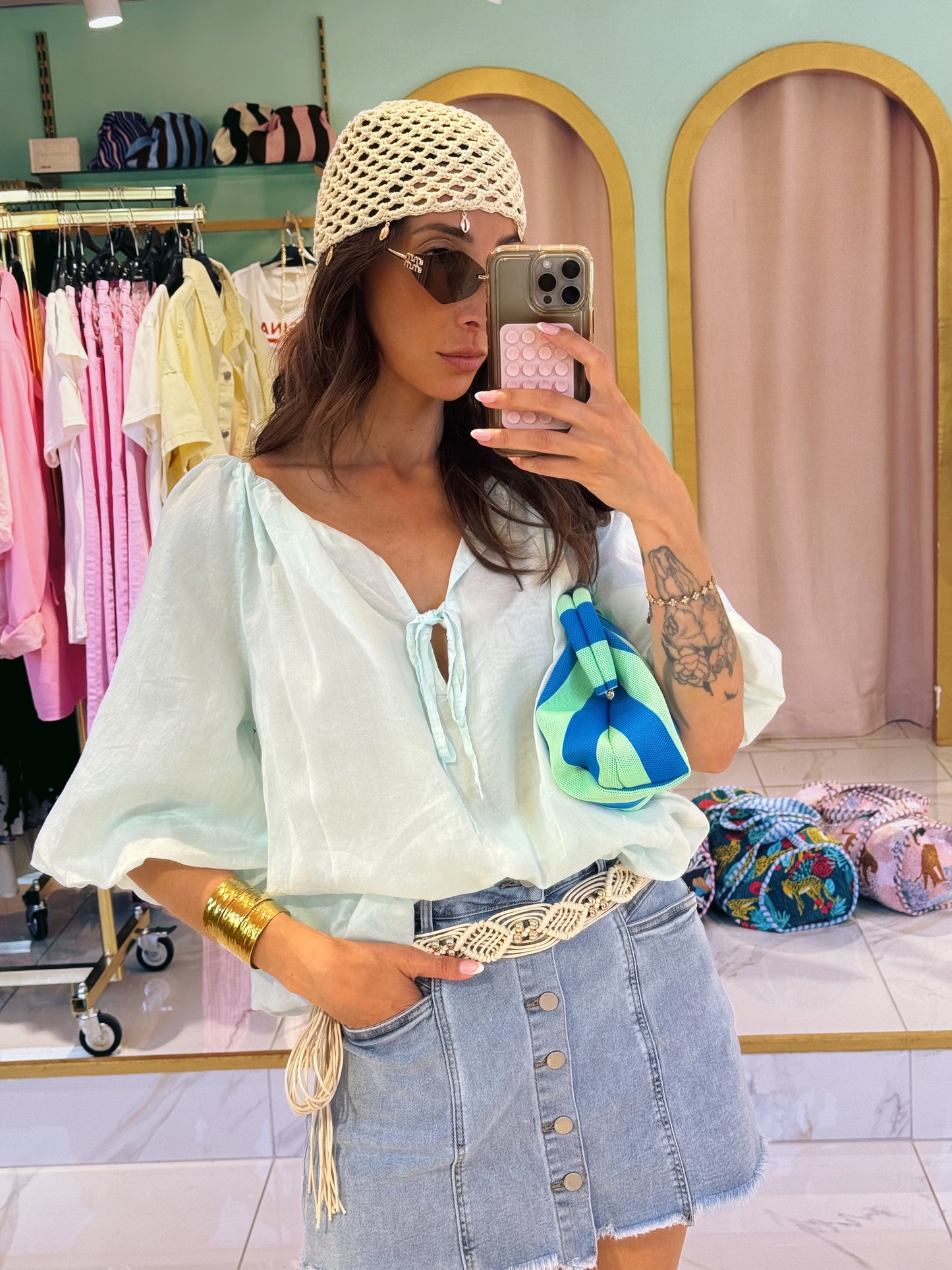 Blouse bouffante aérienne - turquoise