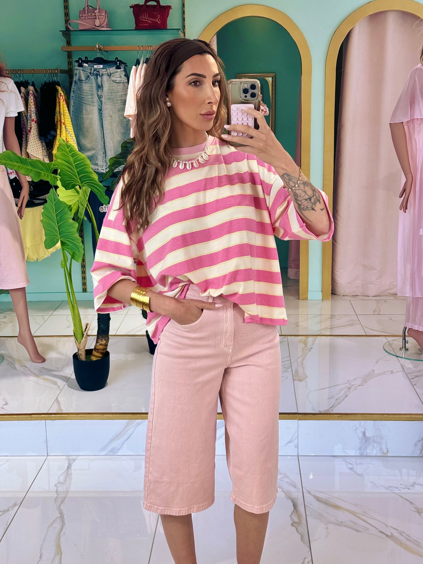 Bermuda baggy en jean stretch rose poudré