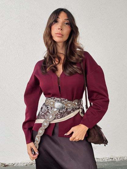 Veste-gilet en maille épaisse bordeaux – Manches ballon & crochets