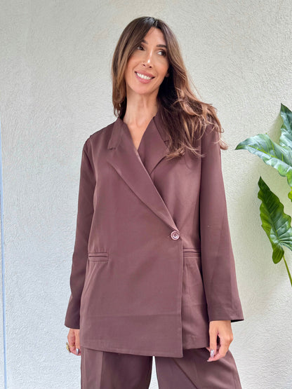 Veste tailleur oversize – Fermeture croisée – Marron