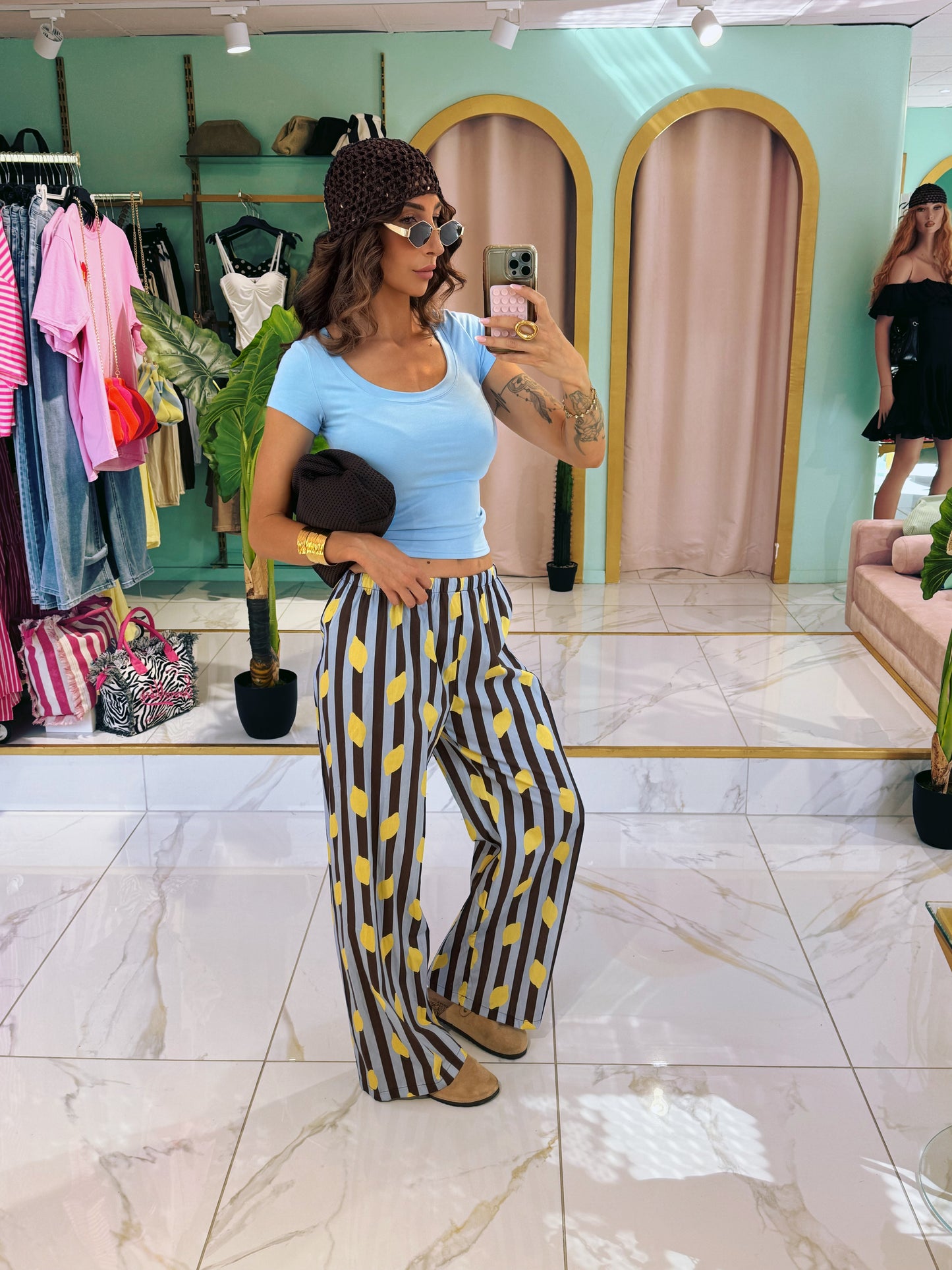 Pantalon rayé citron - bleu & marron