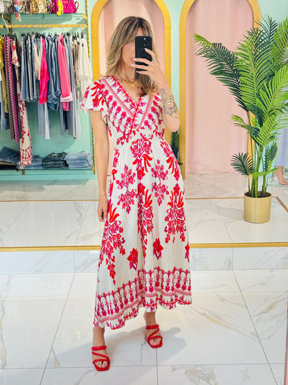 Robe longue cache-cœur à motifs estivaux – coloris fushia et rouge