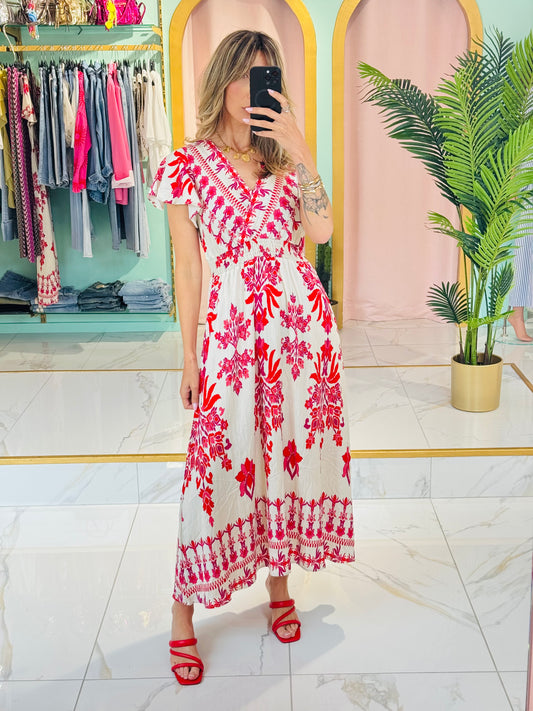 Robe longue cache-cœur à motifs estivaux – coloris fushia et rouge