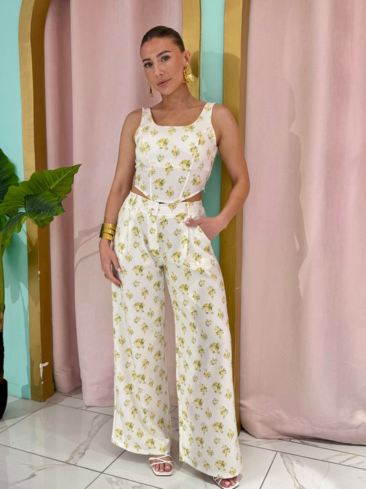 Ensemble top bustier & pantalon fleuris - jaune