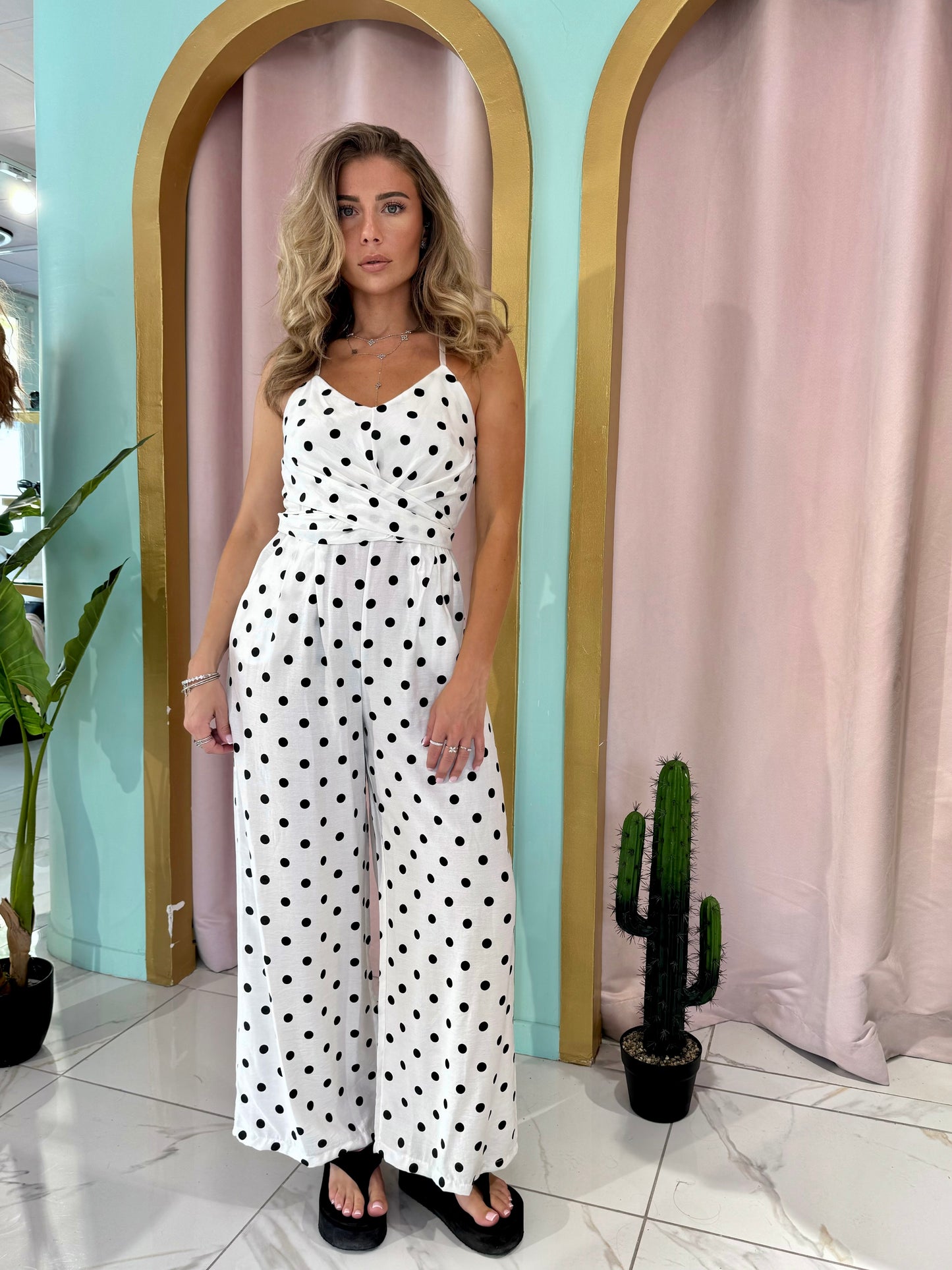 Combi Pantalon magique blanche à pois marron
