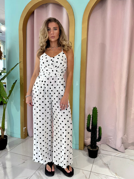 Combi Pantalon magique blanche à pois marron