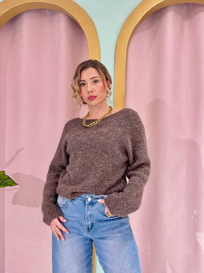 Pull en maille torsade réversible taupe