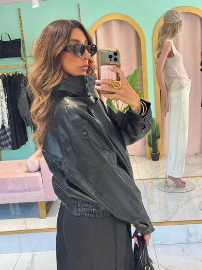 ✨ Veste Bomber en Simili Cuir Grainé à Col Montant Asymétrique – noir