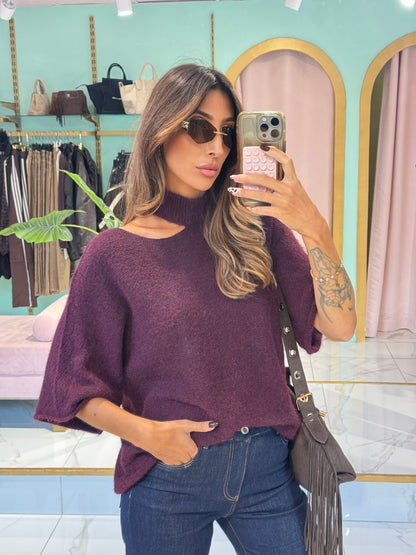 Pull manches courtes en maille col cut - bordeaux / prune