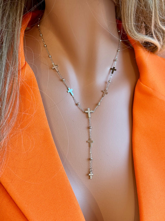 Collier multi-croix avec pendentif long - Acier inoxydable réglable argent