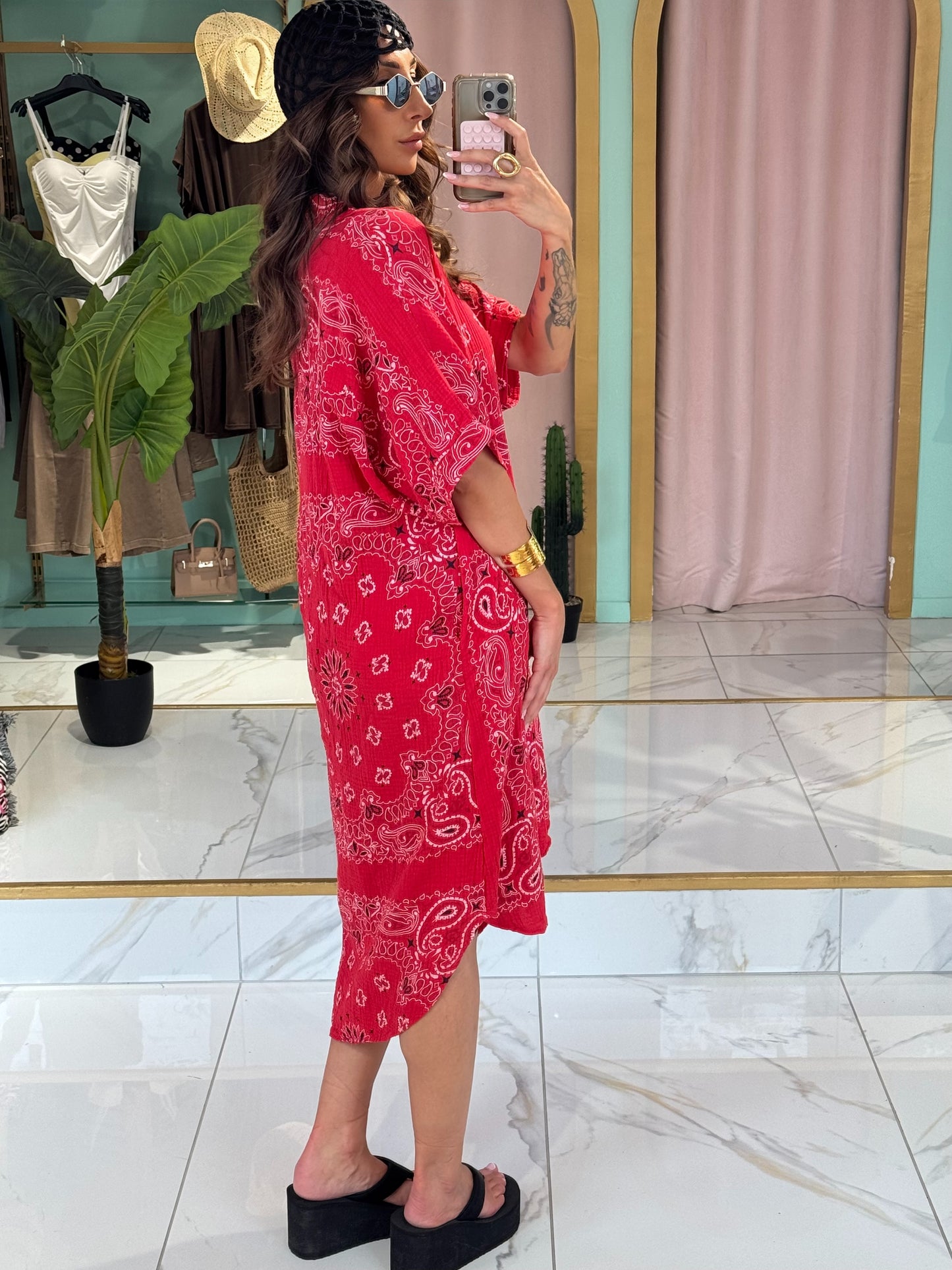 Robe tunique en gaz de coton à motif bandana - rouge