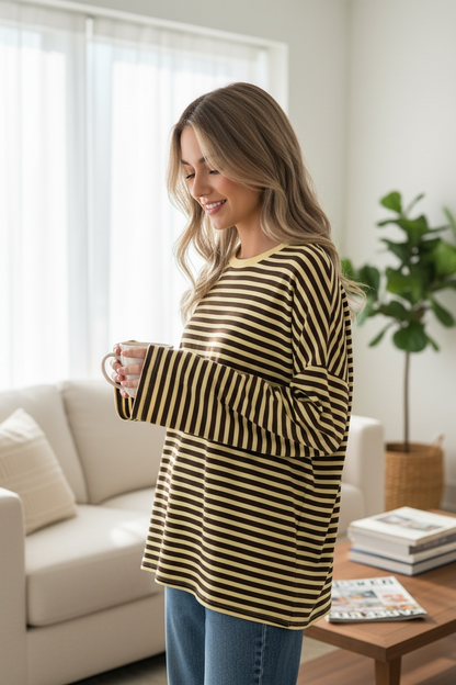 T-shirt manches longues à rayures coloris chocolat & jaune beurre