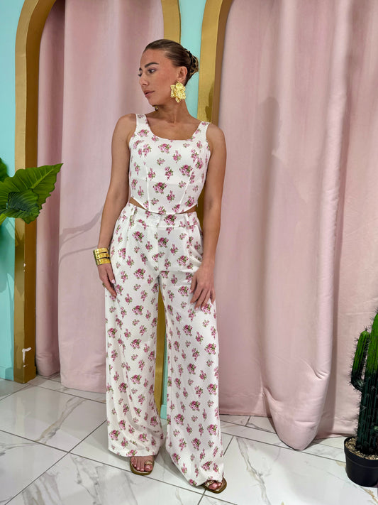 Ensemble top bustier & pantalon fleuris - rose