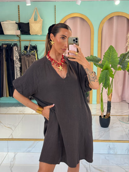 Robe en gaz de coton manches bouffantes - marron foncée