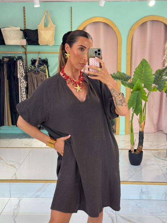 Robe en gaz de coton manches bouffantes - marron foncée
