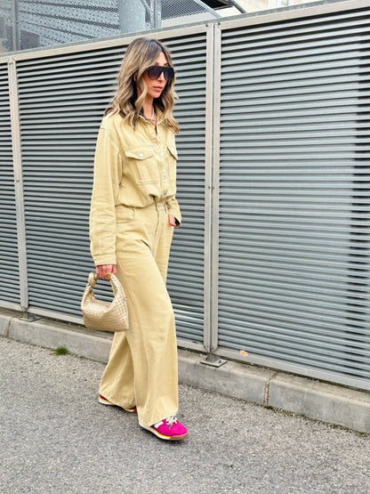 Ensemble en jean surchemise & pantalon wide leg beige