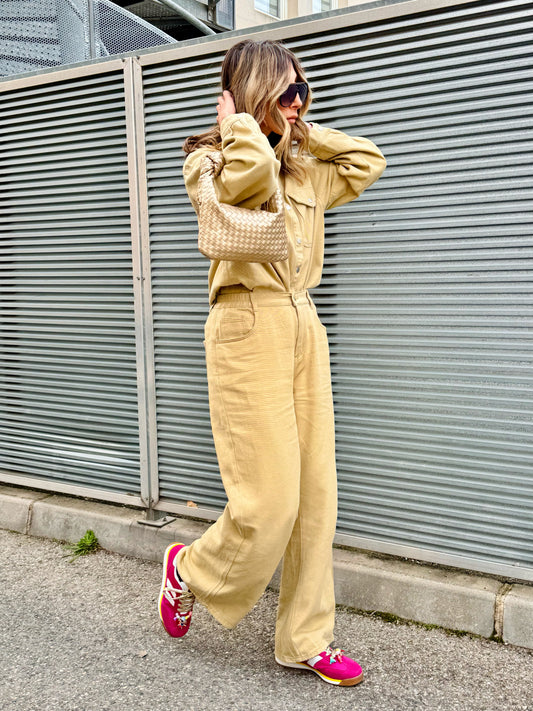 Ensemble en jean surchemise & pantalon wide leg beige