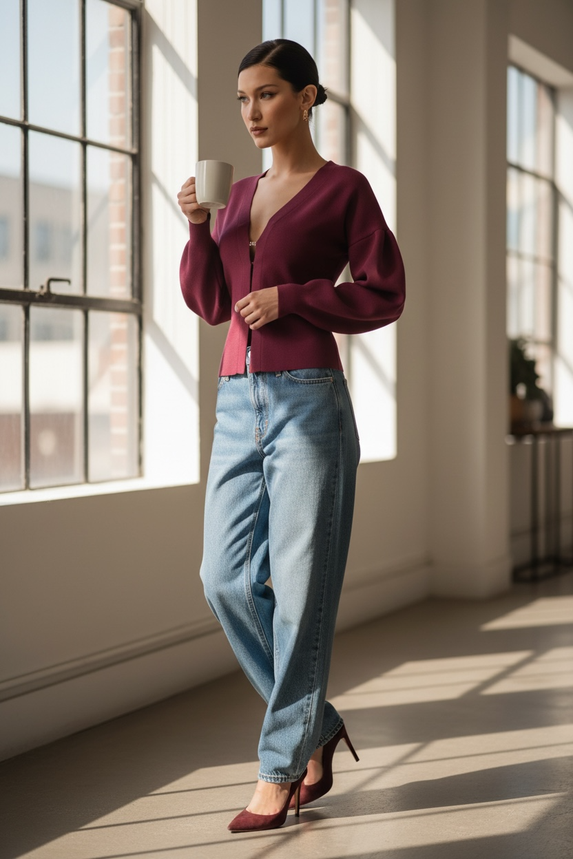 Veste-gilet en maille épaisse bordeaux – Manches ballon & crochets