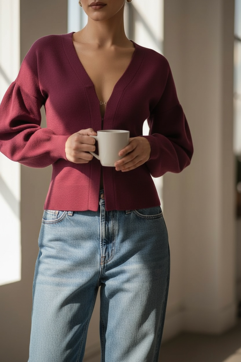 Veste-gilet en maille épaisse bordeaux – Manches ballon & crochets