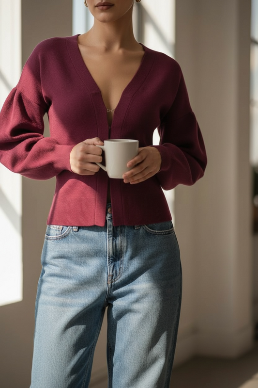 Veste-gilet en maille épaisse bordeaux – Manches ballon & crochets