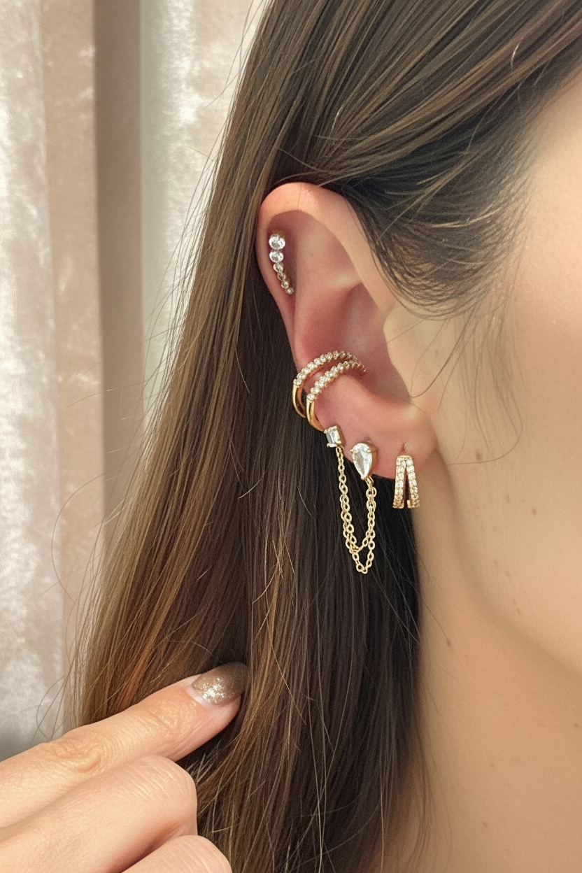 Bague d’oreille / faux piercing double barre strass