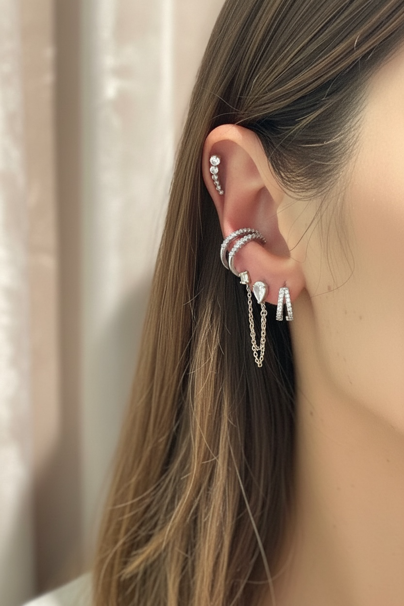Bague d’oreille / faux piercing double barre strass