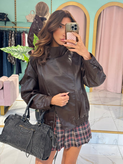 ✨ Veste Bomber en Simili Cuir Grainé à Col Montant Asymétrique – marron