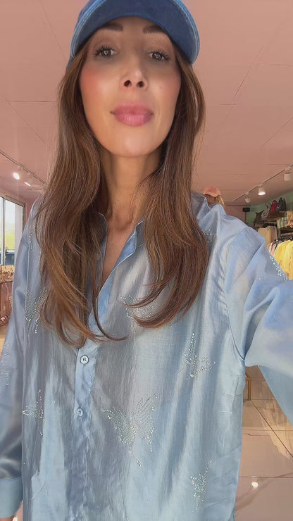 Ensemble Chemise & Short Organza – Papillons Strass-bleu