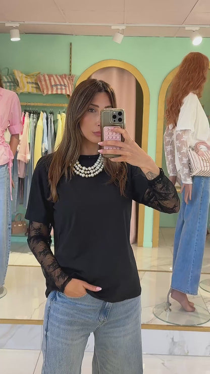 T-Shirt Coton Manches Dentelle –noir