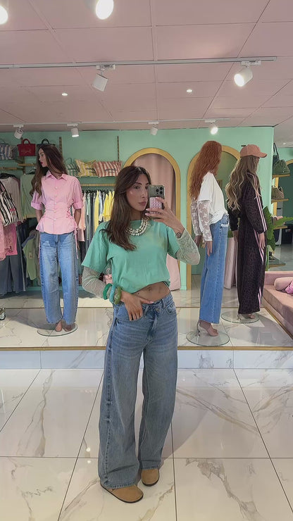 T-Shirt Coton Manches Dentelle –vert mint