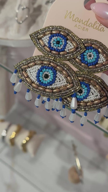 Boucles d’oreilles brodées à la main-œil de protection bleu