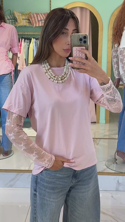 T-Shirt Coton Manches Dentelle –rose